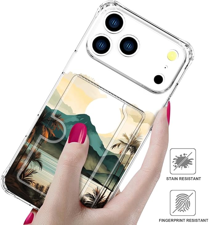Compatible with iPhone 17 Pro Max Case Card Holder for Women Cute Design,Wallet Phone Cases Transparent Cool Kawaii Protective (Clear Ocean Sun Mountains Sunset)