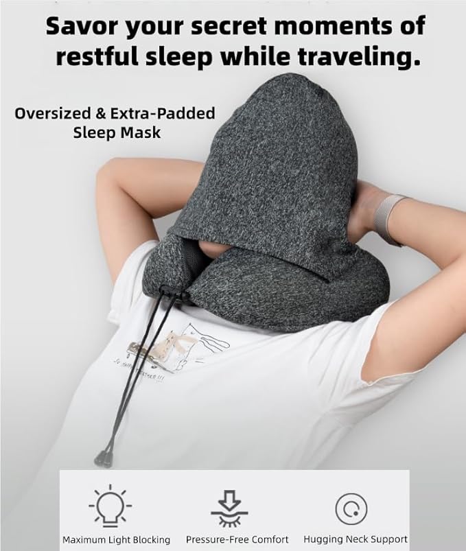 Travel Neck Pillow with Extra Large Hood Rollable Airplane Hooded Neck Pillow with Memory Foam Filling and Removable, Skin-Friendly Cover with a Carrying Case & Pouch (Cationic)