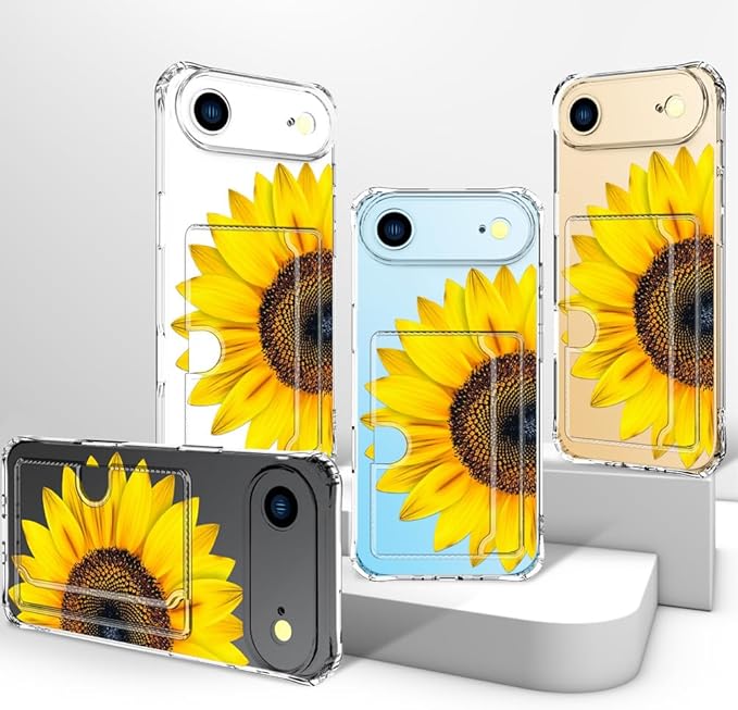 Compatible with iPhone 17 Air Case Card Holder for Women Cute Design,Wallet Phone Cases Transparent Cool Kawaii Protective (Clear Sunflower Sun Flower)