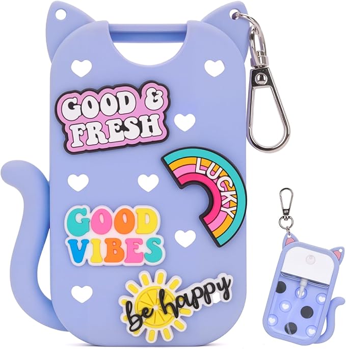 Silicone Case Holder Compatible with Hand Sanitizer Spray Touchland 1 fl oz, Cute Cat Ear Protective Case with Keychain & 4 Decorative Charms (Blue, 1P)