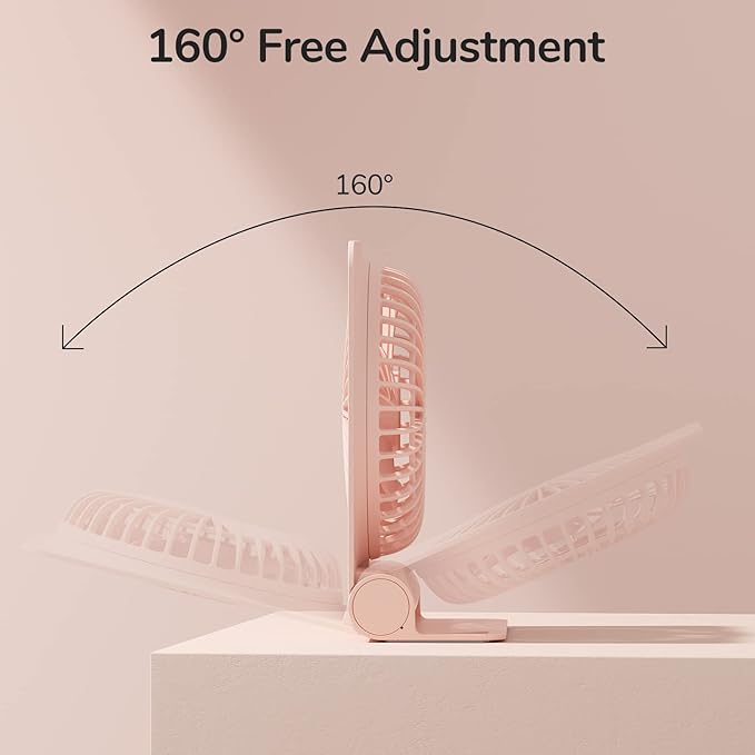 JISULIFE Small Desk Fan, Portable USB Rechargeable Fan, 160° Tilt Folding Personal Mini Fan with 4500mAh Battery, Strong Wind, Ultra Quiet, 4 Speed Modes for Office, Home, Camping - Pink