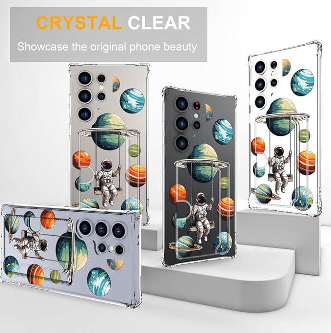 Compatible with Samsung Galaxy S24 Ultra Case Card Holder for Women Cute Design,Wallet Phone Cases Transparent Cool Kawaii Protective (Clear Astronaut Space Planets)
