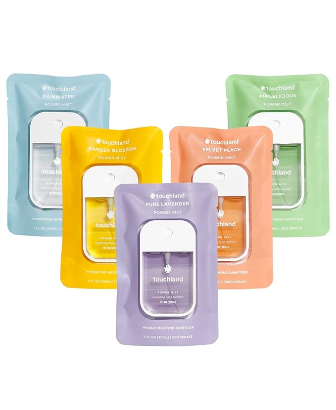 Touchland Hydrating Hand Sanitizer Spray – Blossom 5 Set (Pure Lavender, Vanilla Blossom, Rainwater, Velvet Peach, Applelicious) – 5 x 1 FL OZ Travel Size Mists