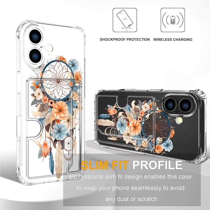 Compatible with iPhone 17 Case Card Holder for Women Cute Design,Wallet Phone Cases Transparent Cool Kawaii Protective (Clear Dreamcatcher Dream Cather)