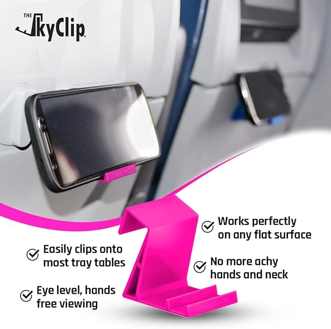 The SkyClip Airplane Cell Phone Back of Seat Inflight Tray Table Clip and Sturdy Phone Stand, Compatible with iPhone, Android, Tablets, and Readers, Travel Must Have (Pink 2 Pack)