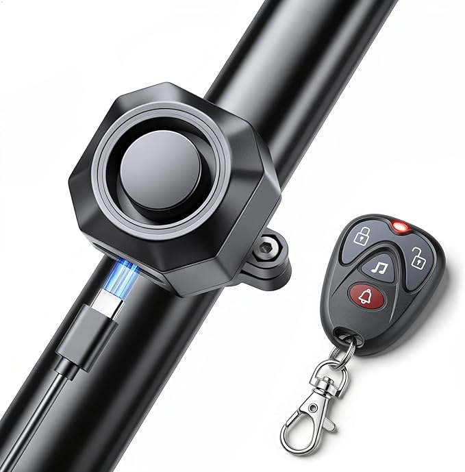 WSDCAM USB Rechargeable Bike Alarm with Remote 110dB Loud Volume Adjustable Wireless Vehicle Security Alarm System Anti Theft Vibration Motion Sensor Alarm for Car Trailer Motorcycle Scooter Ebike