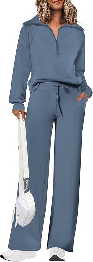 PRETTYGARDEN Women's 2 Piece Outfits Casual Lapel Half Zip Sweatshirts and Wide Leg Pants Tracksuit Sets