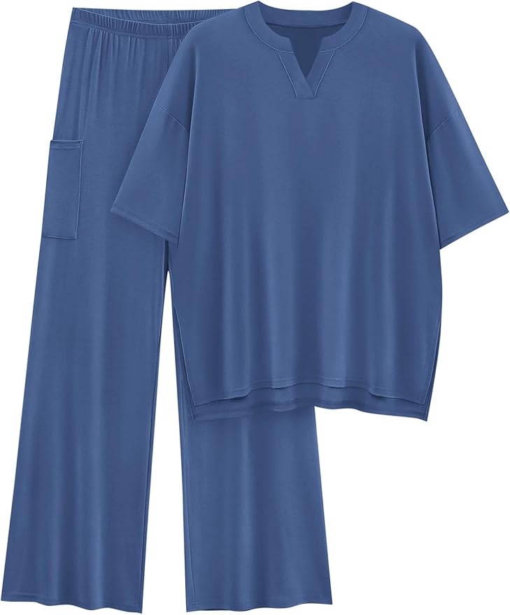 KIRUNDO Womens 2 Piece Matching Lounge Set Airport Travel Vacation Summer Outfits Oversized Short Sleeve Tops Wide Leg Pants
