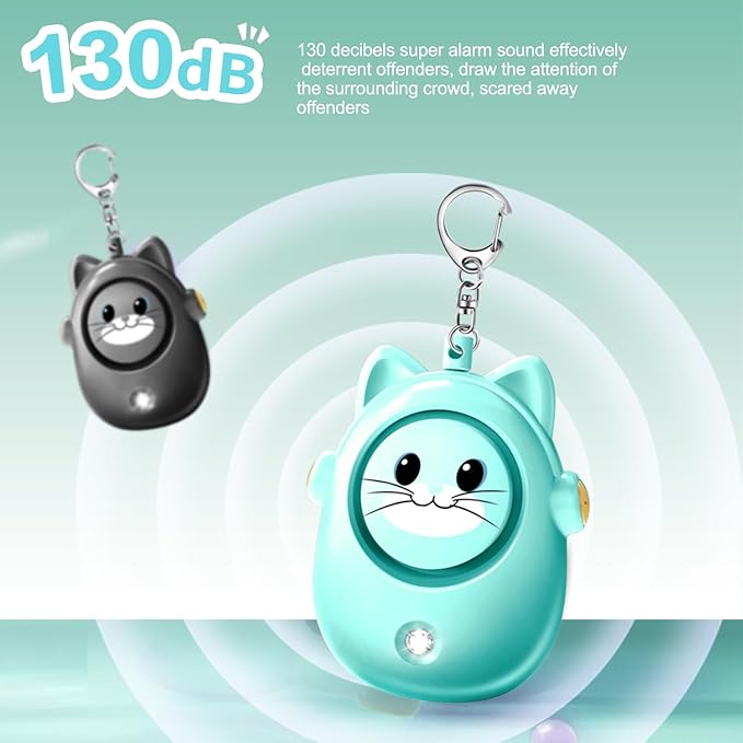 Personal Safety Alarm Keychain, 130dB Loud Siren, LED Light, Cute Cat Design Security Device for Women, Children, Elderly