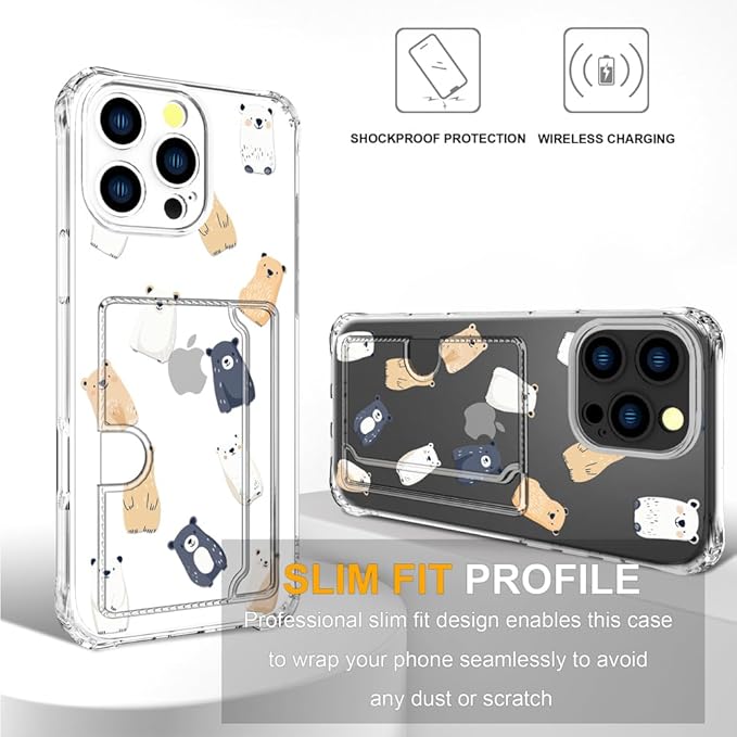 Compatible with iPhone 16 Pro Max Case Card Holder for Women Cute Design,Wallet Phone Cases Transparent Cool Kawaii Protective (Clear Lovely Bears Funny)