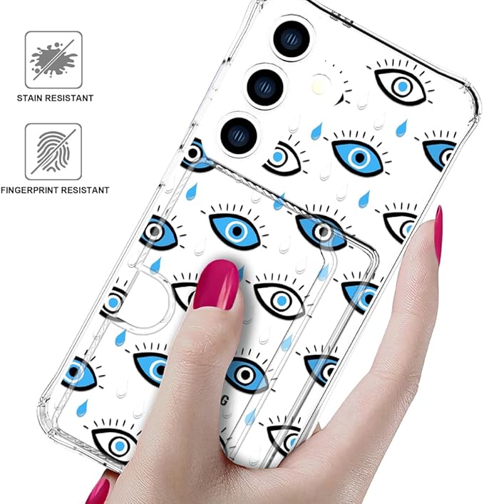 Compatible with Samsung Galaxy S24 / S25 Case Card Holder for Women Cute Design,Wallet Phone Cases Transparent Cool Kawaii Protective (Clear Blue Evil Eyes)