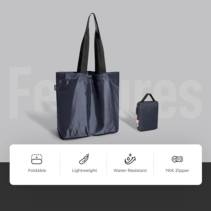 pack all Foldable Shoulder Tote Bag for Travel, 16L Lightweight Nylon Grocery Bag with Zipper, Water-resistant Work Tote for Daily Use (Navy Blue)