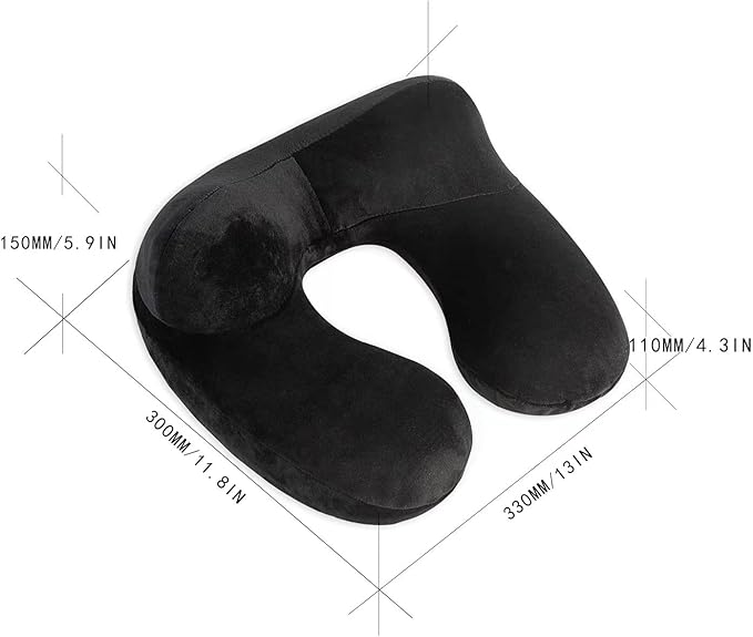 Inflatable Travel Pillow, Neck Pillow Support for Traveling, Airplanes, Cars, and Offices with Compact Carrying Bag, Soft Velvet Washable Cover, Ideal for Adult Sleepers (Black)