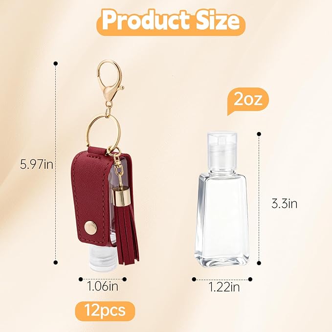 12 PCS Hand Sanitizer Holder Keychain Set, Leak-Proof Travel Size Empty Hand Sanitizer Bottles (1oz/30ml), Portable Refillable Liquid Dispenser for Backpack, Purse & Diaper Bag (12 Colors)