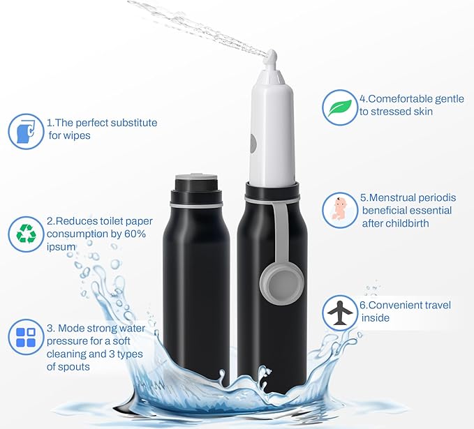 Portable Bidet for Travel with 6 Spray Settings, High Pressure Handheld, Rechargeable Electric Portable Bidet for Women & Men (Black)
