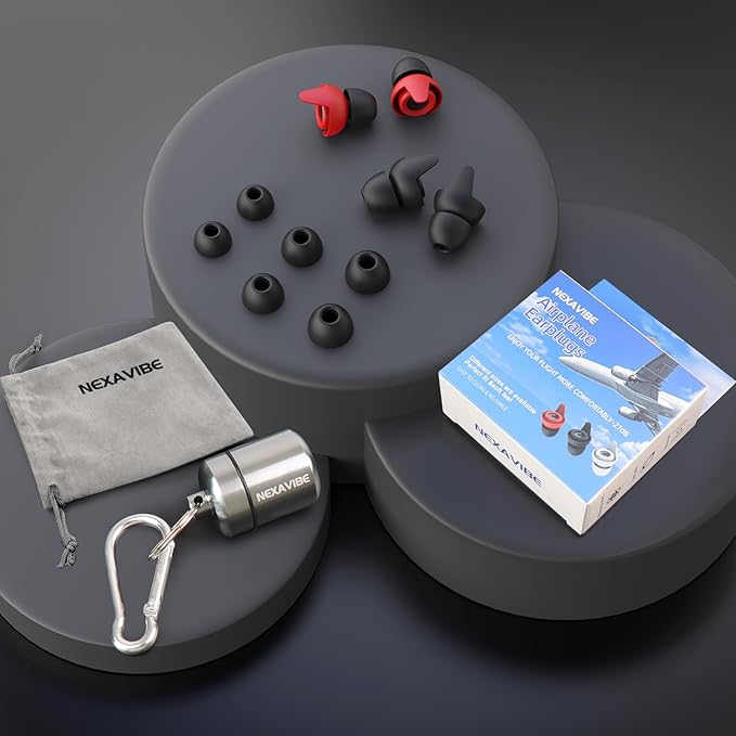 Noise Canceling Earplugs for Airplane: 27dB Reduction, Ear Pressure Relief. 2 Pairs, 3 Sizes (Kids & Adults). Reusable Silicone, Aluminum Case. Ideal for Concerts, Motorcycle, Sleeping