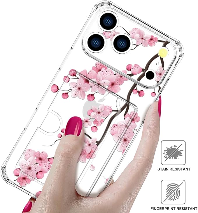 Compatible with iPhone 17 Pro Case Card Holder for Women Cute Design,Wallet Phone Cases Transparent Cool Kawaii Protective (Clear Sakura Peach Cherry)