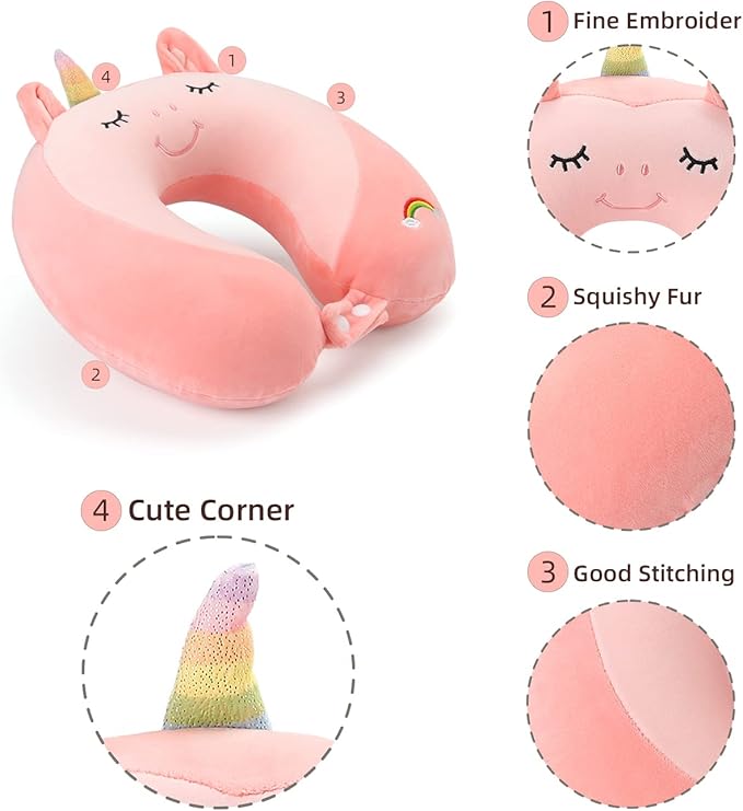 Niuniu Daddy Unicorn Kids Travel Pillows for 3-8 Y/O, Travel Essentials for Road Trip Long Flight, Soft Memory Foam Neck Pillows for Airplane, Car Seat, Traveling, Sleeping for Boys Girls Toddler