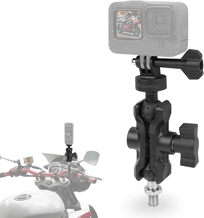 Camera Mount with 360°Dual Ball Head, Motorcycle Handlebar Mounting Bundle Kit for lnsta360 X5/X4/Gopr0 DJl Action 5/, 1/4"-20 & Tripod Adapter, Action Camera Mount Adapter for M10 Hole Base,75019