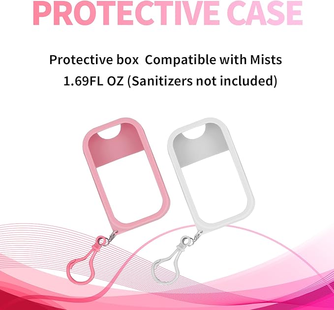 2PCS Silicone Case Compatible with Hand Sanitizer Spray, Protective Case with Keychain for Power Mist and Glow Mist 1.69fl.oz, Hand Sanitizer Spray Accessory (White & Pink)