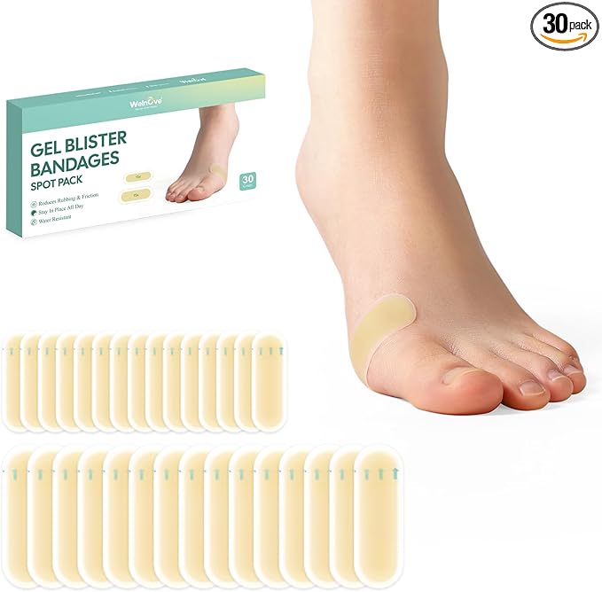 Welnove Gel Blister Bandages for Feet - 30ct Blister Cushion for Heel, Toe - Water-Resistant Hydrocolloid Bandages - Blister Pads for Prevention & Recovery (Spot Pack)