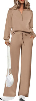 PRETTYGARDEN Women's 2 Piece Outfits Casual Lapel Half Zip Sweatshirts and Wide Leg Pants Tracksuit Sets