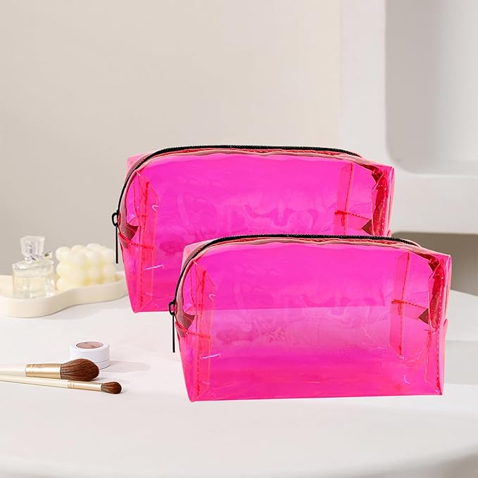 TSA Approved Clear PVC Toiletry Organizer Bag 2Pcs Multipurpose Transparent Pure Colour Travel Makeup Cosmetic Bag for Essentials (pink)