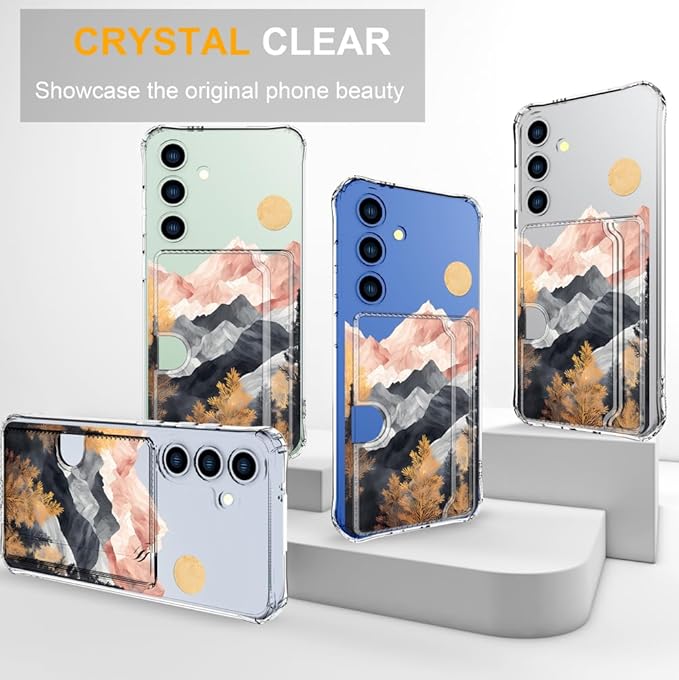 Compatible with Samsung Galaxy S24 / S25 Case Card Holder for Women Cute Design,Wallet Phone Cases Transparent Cool Kawaii Protective (Clear Mountain Hill Landscape)
