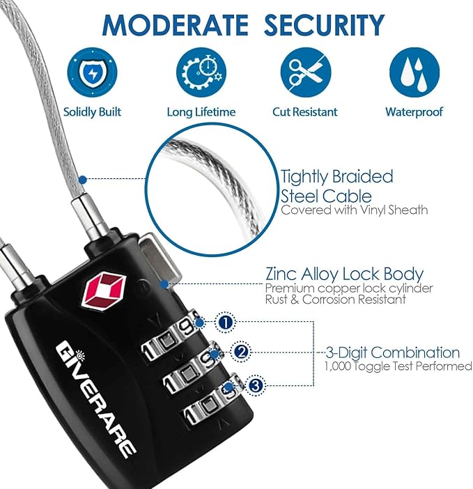2 Pack TSA Approved Travel Luggage Locks, Long Cable Combination Lock Alloy, Metal Keyless 3-Digit Padlocks, Weatherproof TSA Accepted Padlock for Toolbox Gym Locker Golf Bag Case Backpack-Black
