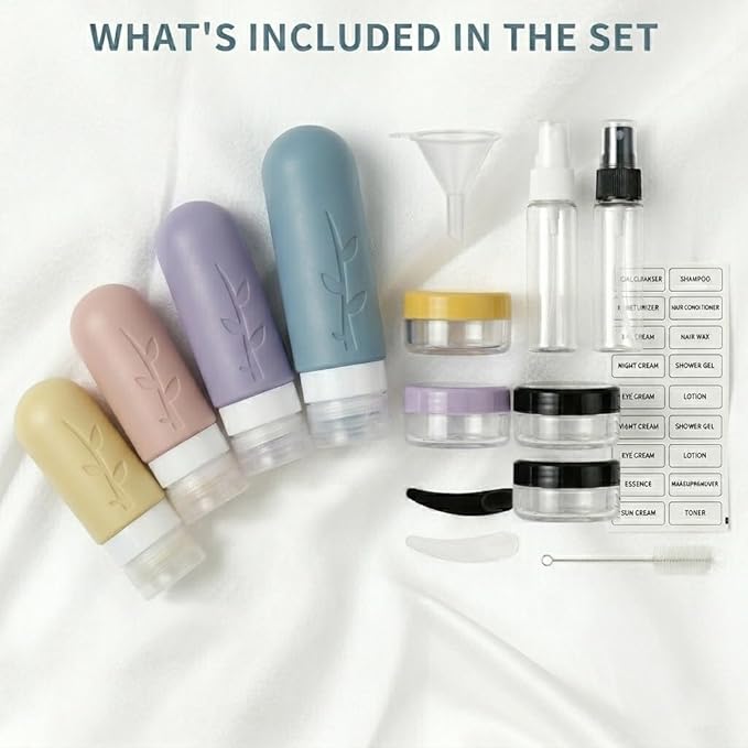 DEPOZA Travel Bottles Kit (16 Pack) - TSA Approved, Leak Proof Silicone Squeezable Containers for Toiletries. Complete Set with Jars, Sprayers & Bag (Light Purple)