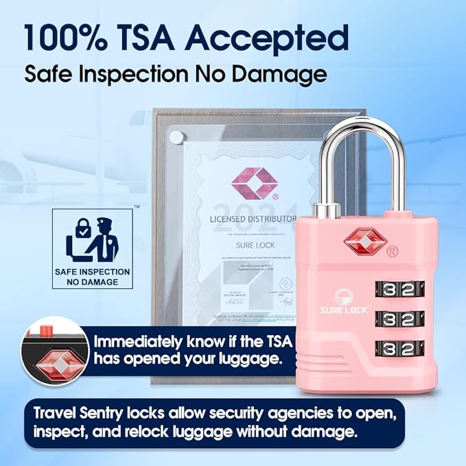 SURE LOCK TSA Approved Luggage Lock – 3-Digit Resettable Combination Padlock with Open Alert Red Dot, Large Easy-Read Dials for Suitcases, Backpacks, Gym & School Lockers(Pink 1 pk)