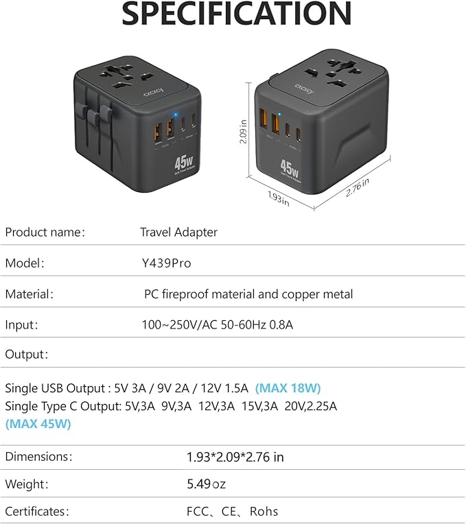 45W GaN Universal Travel Adapter | 5 Port International Power Adapter with 2 USB-C PD 3.0, 2 USB-A QC 3.0 & AC Outlet | Worldwide Travel Plug for US, EU, UK, AU & Most Countries