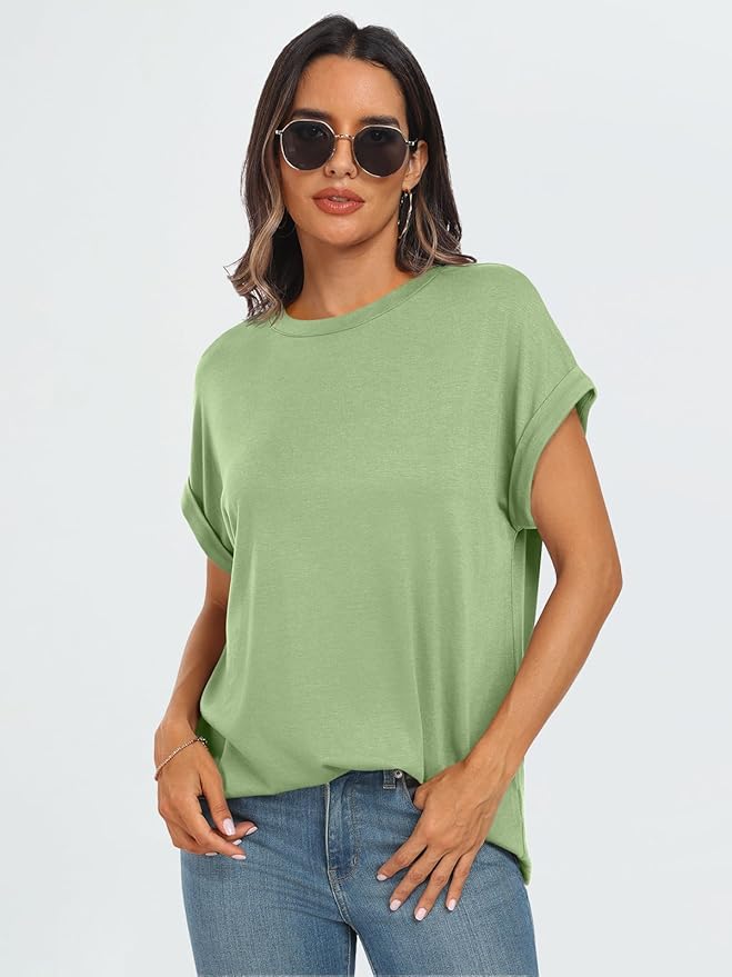 AUTOMET Women's Oversized Short Sleeve T Shirts Casual Drop Shoulder Rolled Cuff Summer Tops for Work, Travel and Lounge