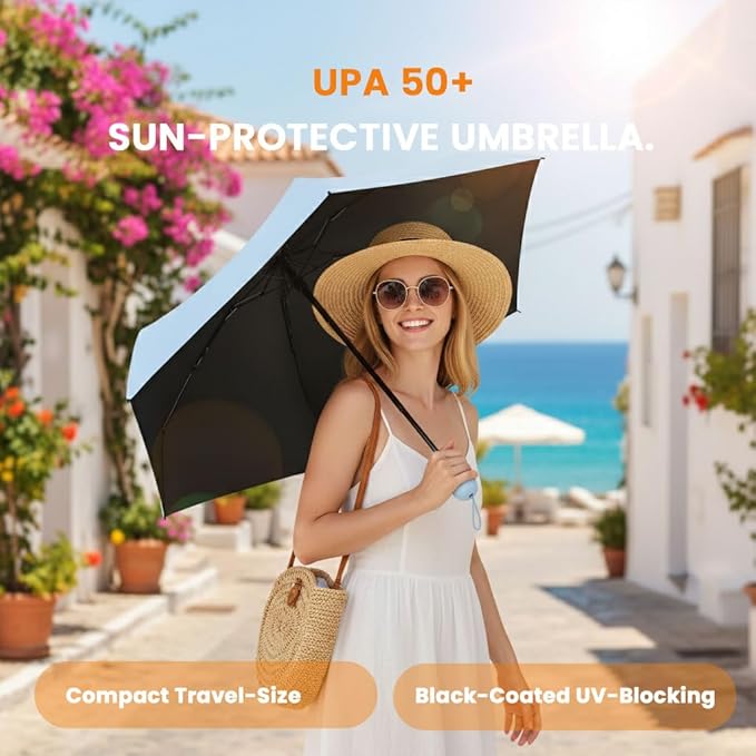 MRTLLOA Travel Essentials Mini Umbrella with Case for Purse - Small Compact & Lightweight, UV Sun Protection, Manual Open/Close for Pocket Umbrella(Women/Men/Kids)