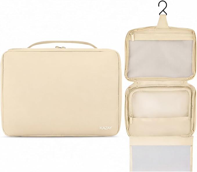 KAZAY Hanging Toiletry Bag with TSA Approved Detachable Pouch, Travel Toiletry Bag, Water Resistant, Premium Nylon, Full-Size Bottles, Travel Size Toiletries, Cosmetic Bag, Unisex (Beige)