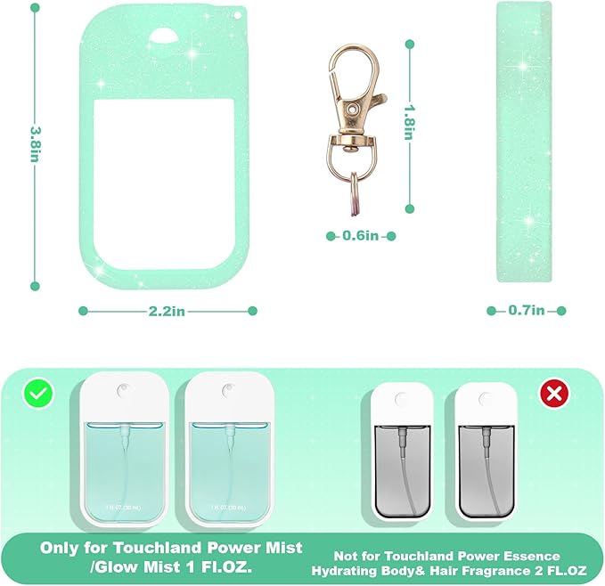 Palksky Silicone Case Compatible with Touchland Hand Sanitizer Spray (Fit for 1 FL OZ/30 mL Ver), Portable keychain(Glitter Sequin Green),Travel Size