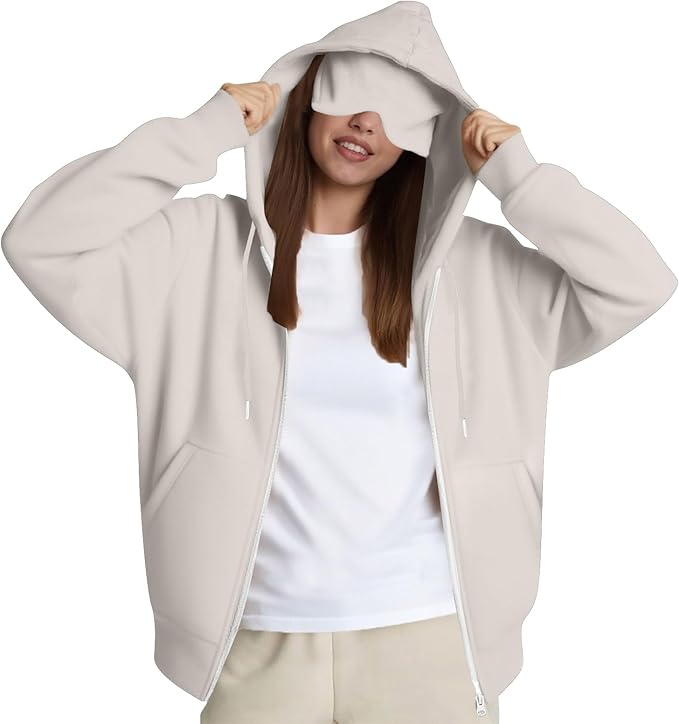 Zip Up Hoodie with Eye Mask Built In, Comfort Airplane Wearable Blanket Sweatshirt Men Women Sleep Clothes