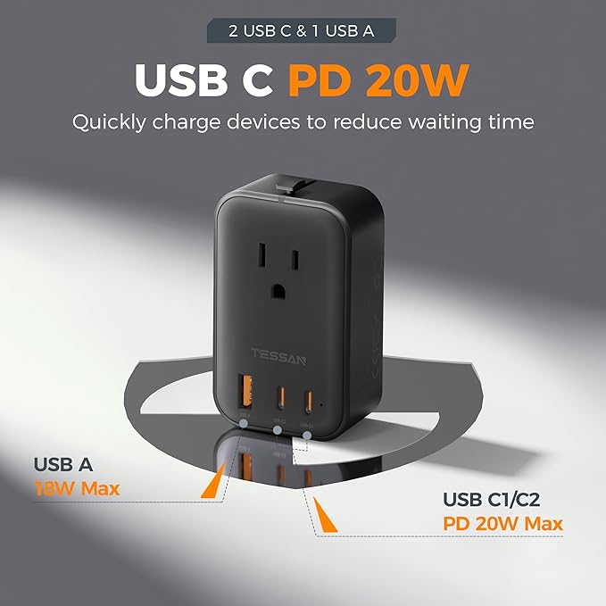 TESSAN International Power Adapter PD 20W, Ultra Thin Universal Adapter, Worldwide Outlet Plug with 2 USB C 1 USB A for US to Europe UK Spain Australia France Germany Thailand (Type C G A I), Black