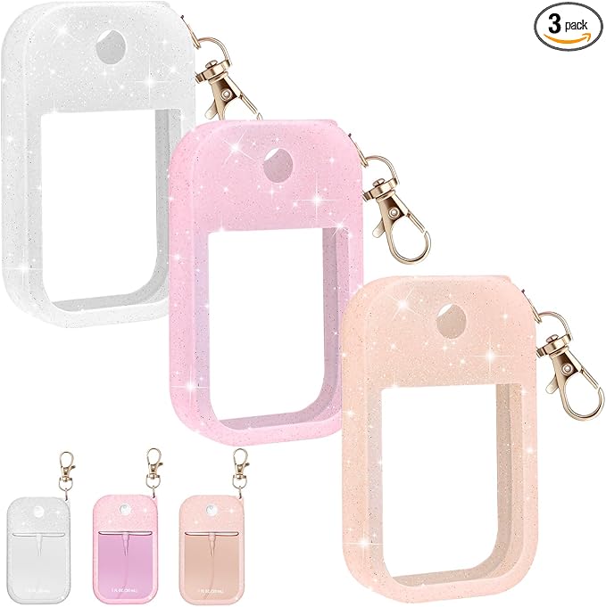 Palksky Hand Sanitizer Spray Glitter Case for Touchland,Silicone Case with Keychain for Power Mist and Glow Mist 1 fl oz(Glitter Sequin Pink, White & Blush Beige),Travel Size