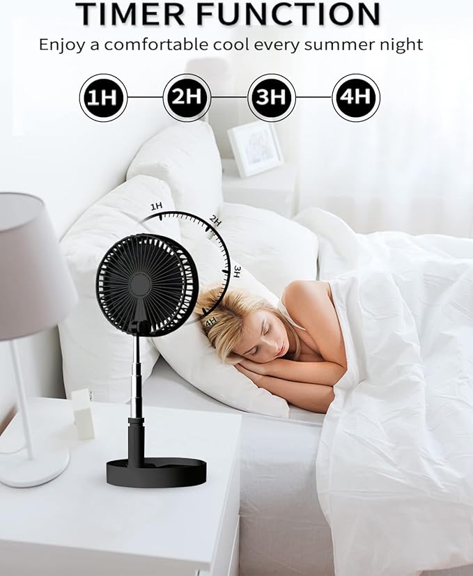 UN UNITEDTIME Portable Fan Foldable Rechargeable [Remote Control ] Battery Operated Foldaway Standing Pedestal Collapsible Fan, 4 Speed, Timer for Camping Travel, Bedroom (Black)