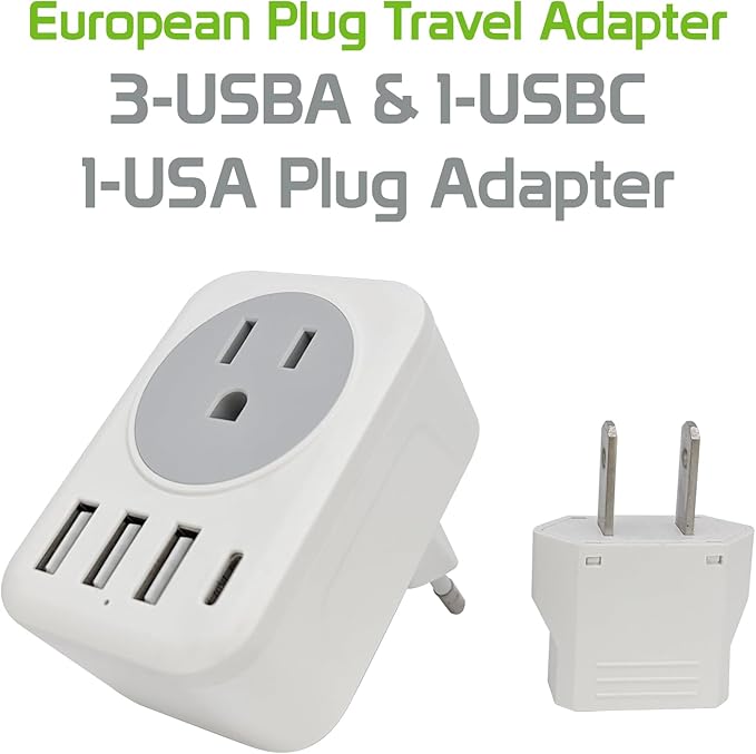 European Travel Plug Adapter USB C, Cellet International Plug Adapter with 1 AC Outlets and 4 USB Ports, Type-C Power Adaptor Charger for US to Most of Europe Iceland Spain Italy France Germany