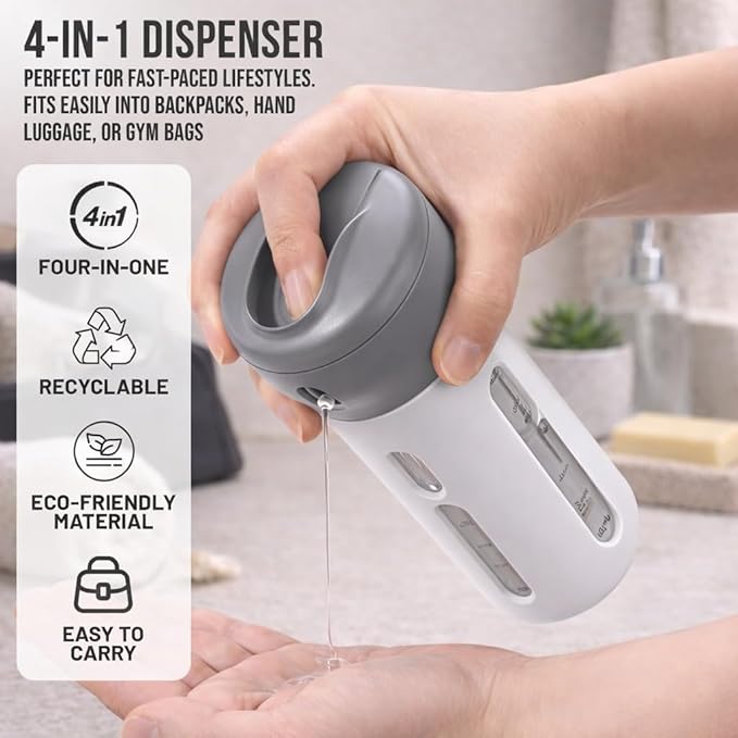 Travigo 4-in-1 Travel Dispenser Bottle Set, TSA Approved, Leak Proof, Reusable 1.4 oz. (40 mL) Toiletry Containers for Shampoo, Conditioner, Soap, Lotion, Skincare (2 Pack, Purple & Gray)