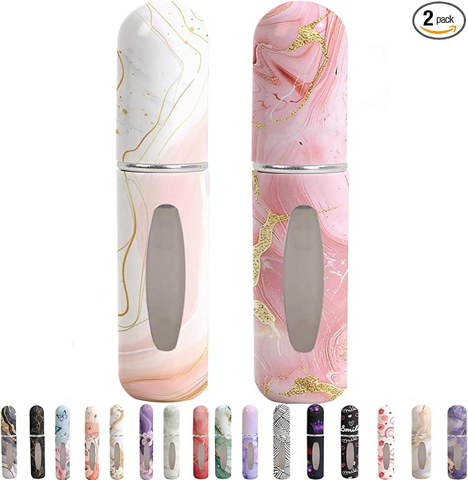 Perfume Travel Refillable Bottle– Portable Mini Sprayer,Empty Perfume Bottles with Unique Patterns,Refill Pump Case for Traveling and Outgoing,2 Pcs Pack of 5 ml(White and Pink)