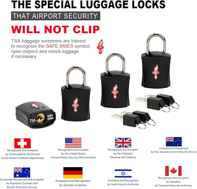 4 Pack Black TSA Approved Luggage Lock for Suitcases, Carry-On Bags, Backpacks & Laptop Cases