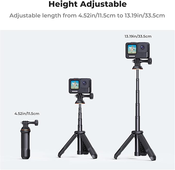 K&F CONCEPT 33.5cm/13.2" Selfie Stick Tripod, Portable Vlog Handle Grip Action Camera Selfie Stick for GoPro Hero 13/12/11/10/9/8/Max, DJI Osmo Action 5/4/3/2/1. (Black)