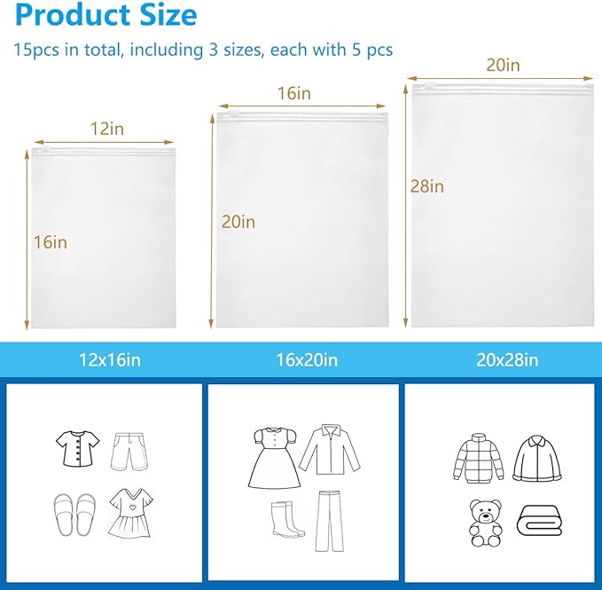 Belit 15 Pcs Clear Storage Bags, Large Size Packaging Bags, Plastic Bags for Sweaters, Shirt, Sheet, Blanket, 3 sizes 12x16 inch, 16x20 inch, 20x28 inch