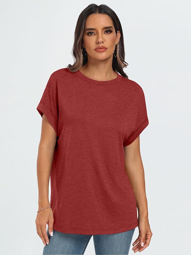 AUTOMET Women's Oversized Short Sleeve T Shirts Casual Drop Shoulder Rolled Cuff Summer Tops for Work, Travel and Lounge