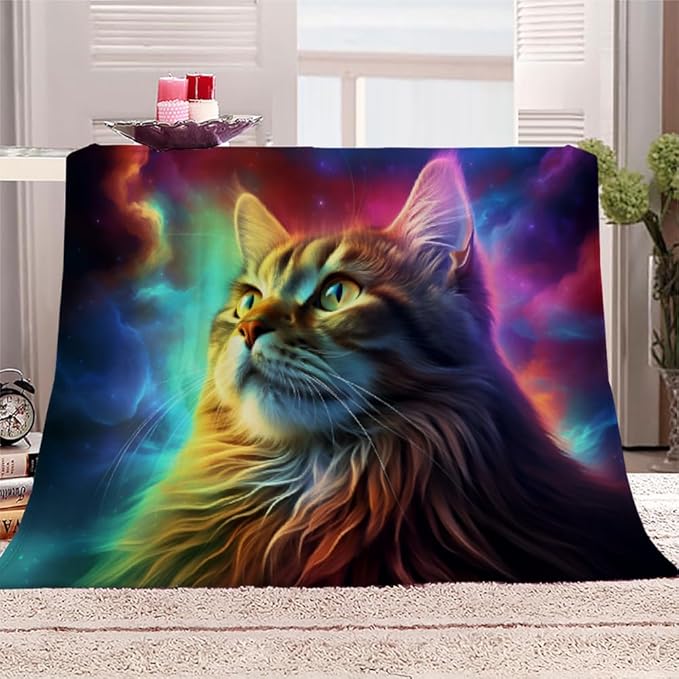 Lovely Cat Blanket King Size, Galaxy Fleece Blanket for Couch Bed Sofa, Fantasy Blankets and Throws, Cat Theme Super Soft Cozy Plush Flannel Blanket 108x90, Decor & Gift