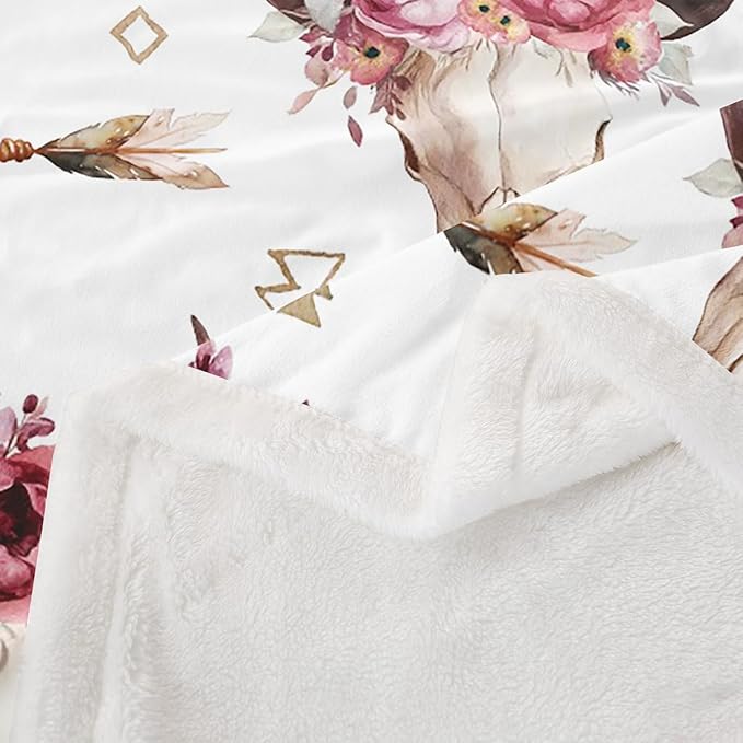 Manfei Cow Skull Kids Throw Blanket,Western Cowboy Aztec Flowers Romantic Bed Blanket for Girls Boys Adults,Arrows Boho Tribal Fleece Blanket,Rustic Retro Fuzzy Blanket,Twin Size (60 x 80 Inches)