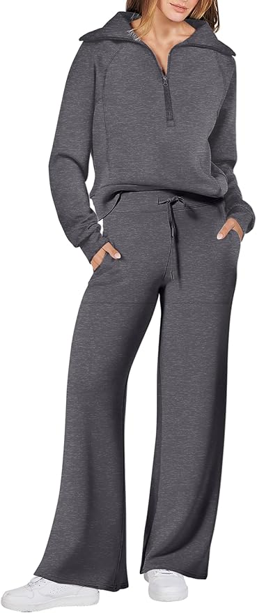 ANRABESS Women 2 Piece Outfits 2025 Fall Fashion Airport Wide Leg Pants Lounge Set Leisure Travel Vacation Clothes Sweatsuits